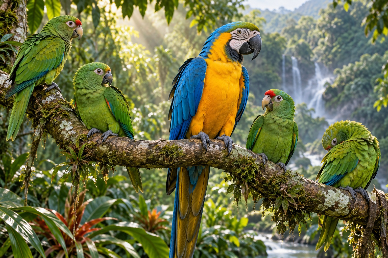 A blue-and-gold macaw perched among green parrots in a tropical forest.