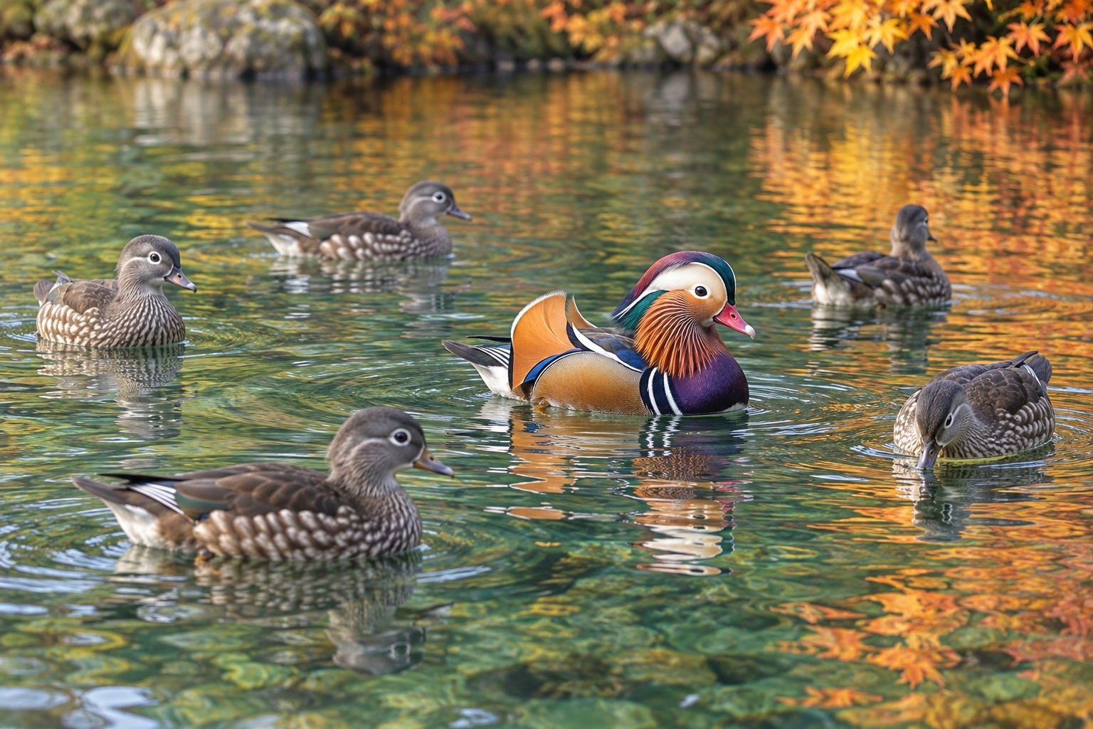 A colorful mandarin duck swimming among gray-brown ducks on a pond with autumn reflections.