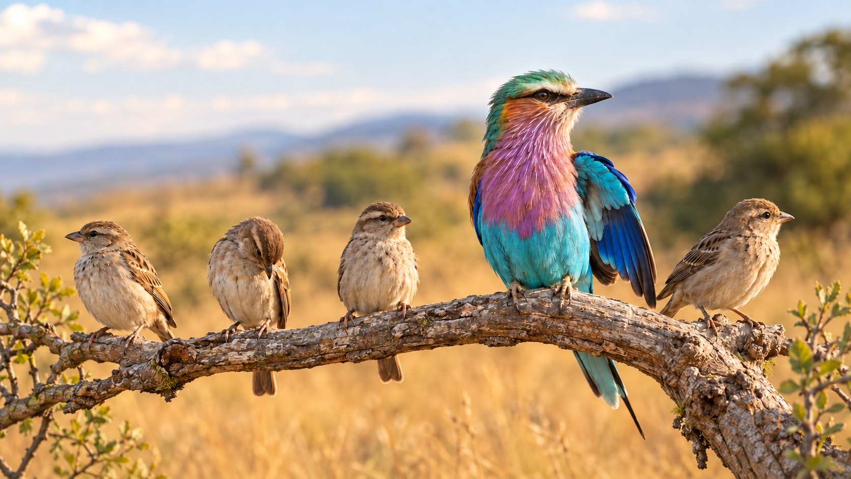 A colorful lilac-breasted roller among small brown birds.
