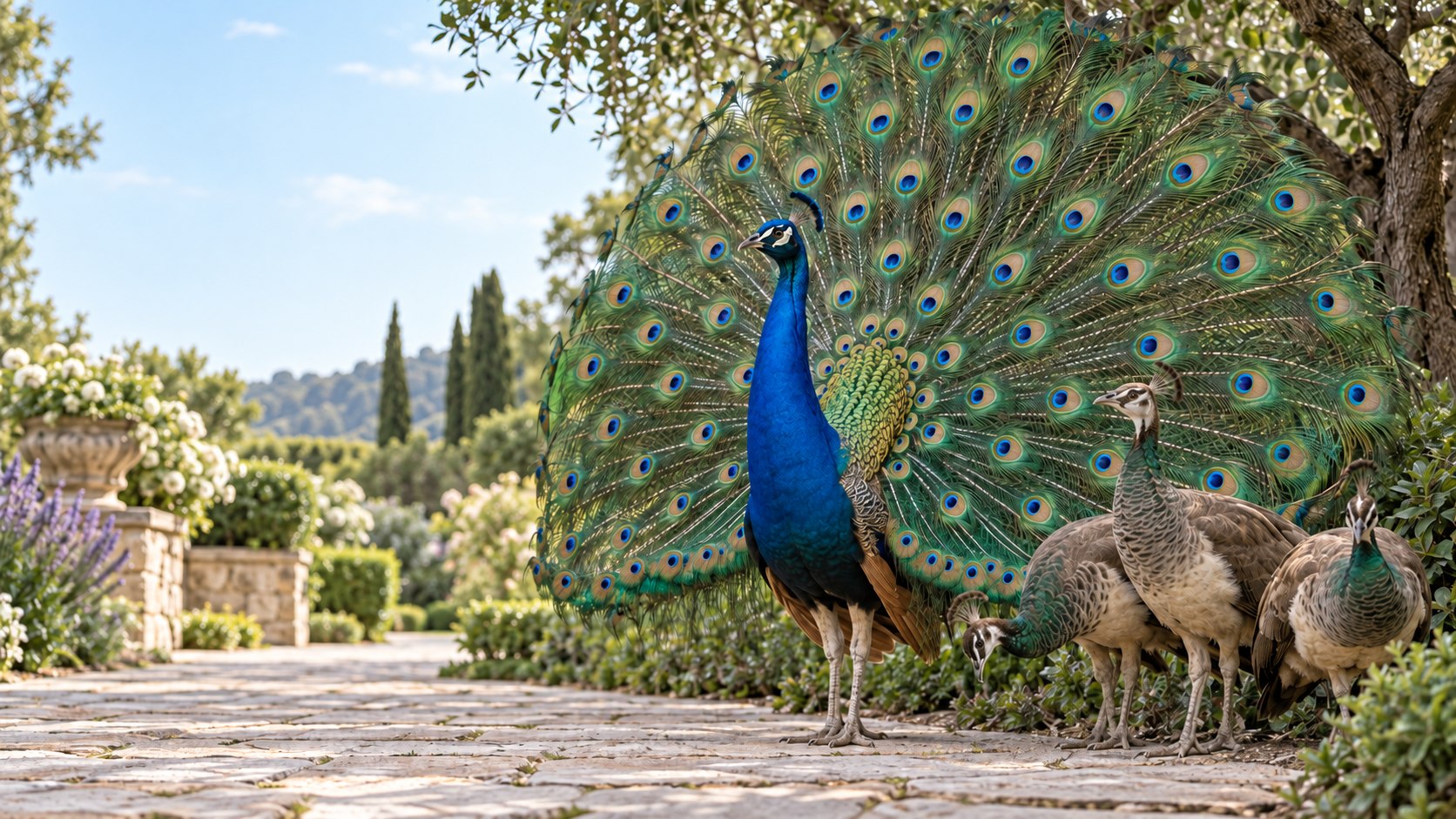 An iridescent peacock displaying its feathers beside peahens.