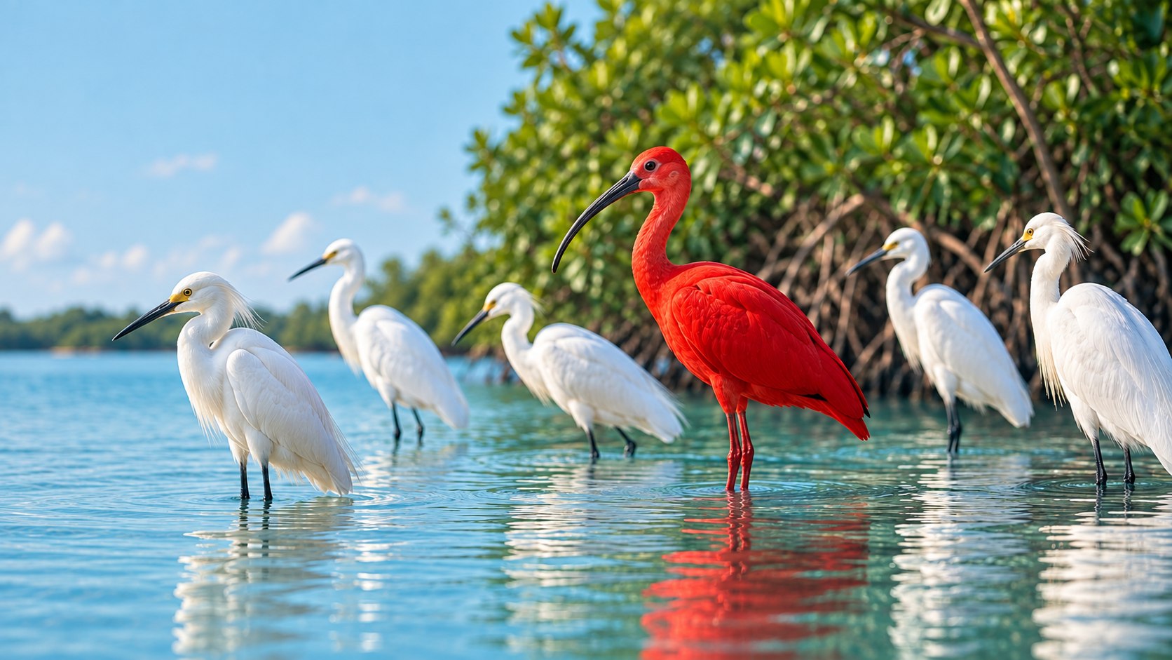 A scarlet ibis standing among white egrets.